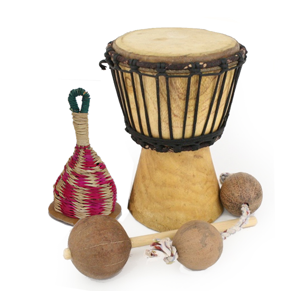 【アフリカ楽器スターターズセット】ミニジャンベとマラカス・バティカの4点セット　07B