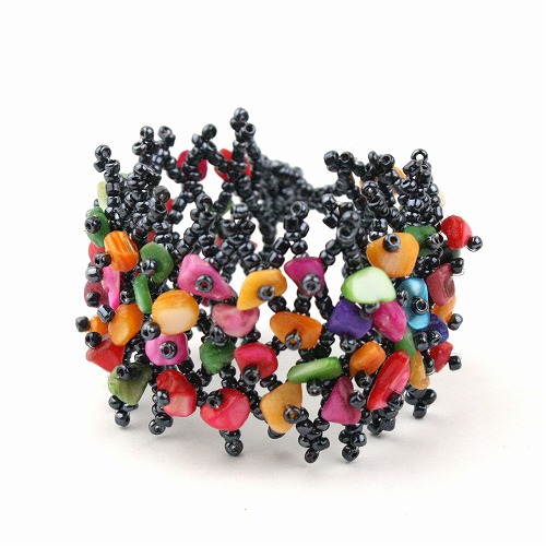 石ビーズブレスレット 黒xマルチ