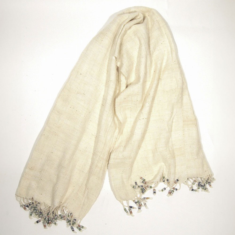 綿ショール・テーブルランナー　白　ビーズ付