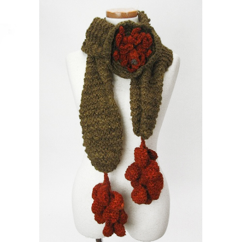 【SALE】ケナナ ウールガーター編みマフラー お花 たまご付 オリーブ @6900→3800→1000円