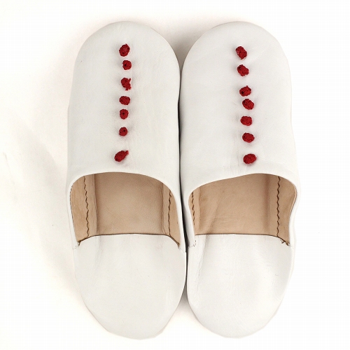 バブーシュ無地 カフス付 39 白革 赤カフスボタン