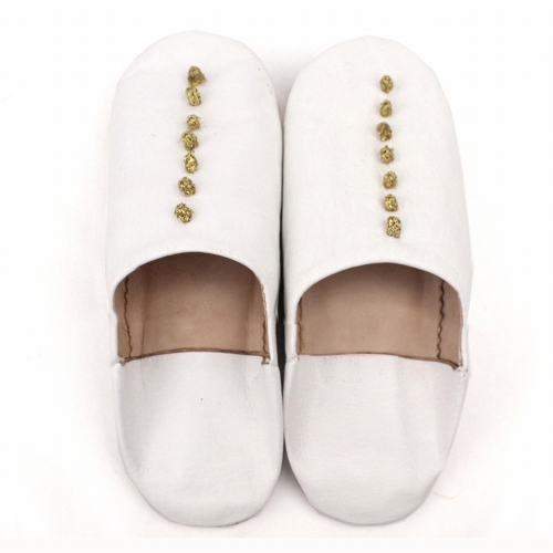 バブーシュ無地 カフス付 39 白革 ゴールドカフスボタン