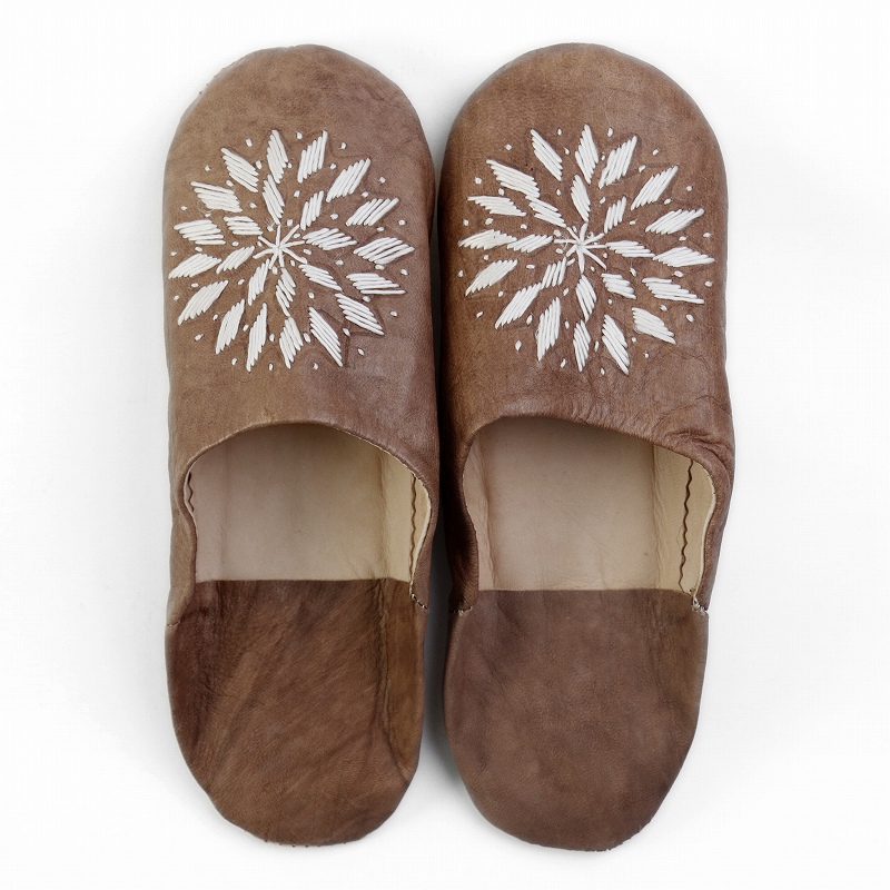 バブーシュ刺繍 S12薄茶x000白