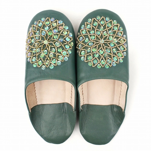 バブーシュ ビーズスパンコール S24青緑xアイボリーxオーロラ