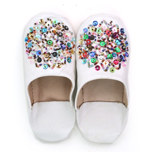 バブーシュ　ビーズスパンコール　子供用　S2白xマルチカラー