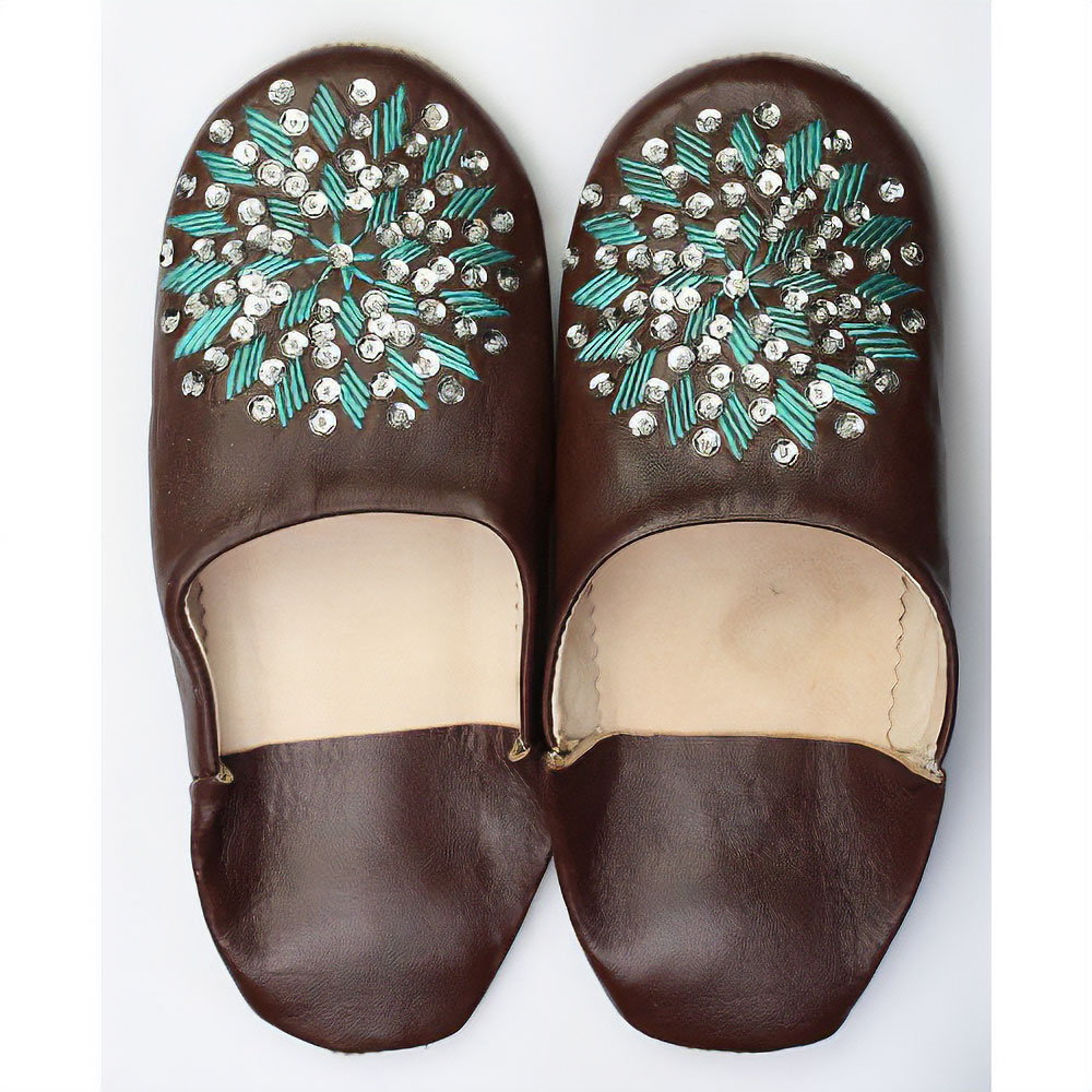 バブーシュ刺繍スパンコール S7焦げ茶x903ミントxシルバー