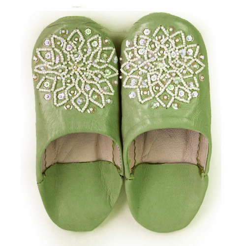 バブーシュ　ビーズスパンコール　子供用　F3グリーンティx白xオーロラ