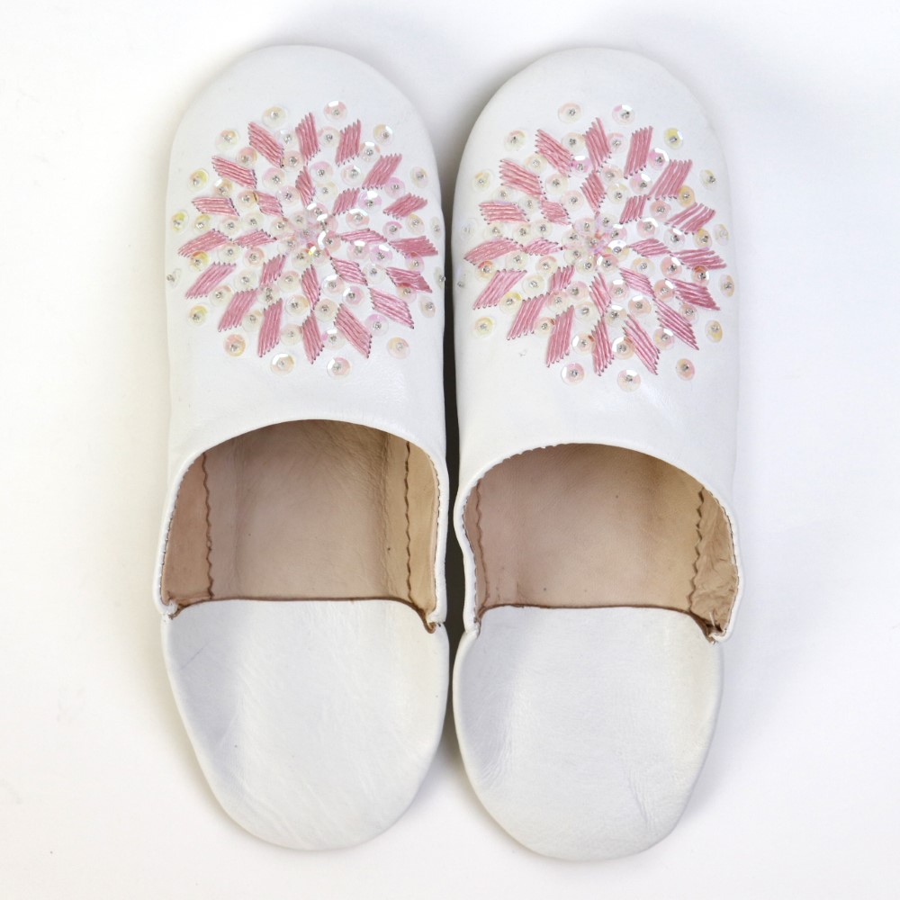 バブーシュ刺繍スパンコール S2白x603ピンクxオーロラ