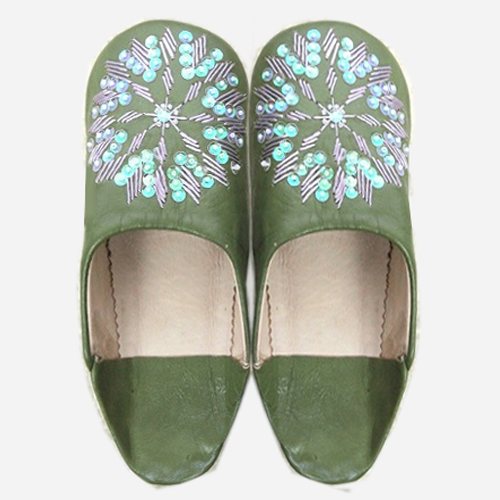 バブーシュ刺繍スパンコール F3グリーンティx701ラベンダーxオーロラ