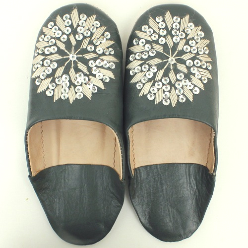 バブーシュ刺繍スパンコール F11ダークグリーンx101ベージュxシルバー