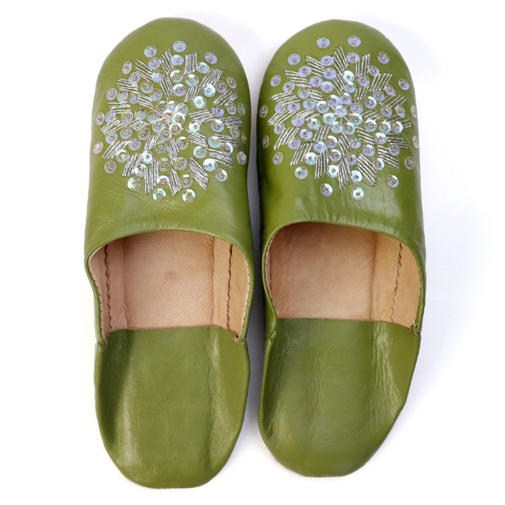 バブーシュ刺繍 F3グリーンティxシルバー刺繍xオーロラスパン