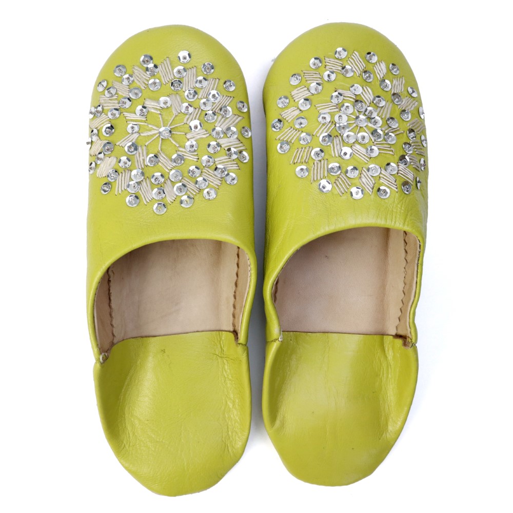 バブーシュ刺繍スパンコール S31黄緑x102ベージュ刺繍xシルバー