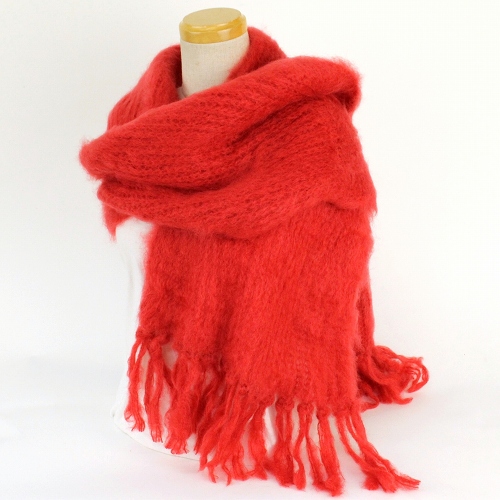 【SALE】ラモヘアストール 35x160 レッド 起毛フリンジ12CM @16000→12000円