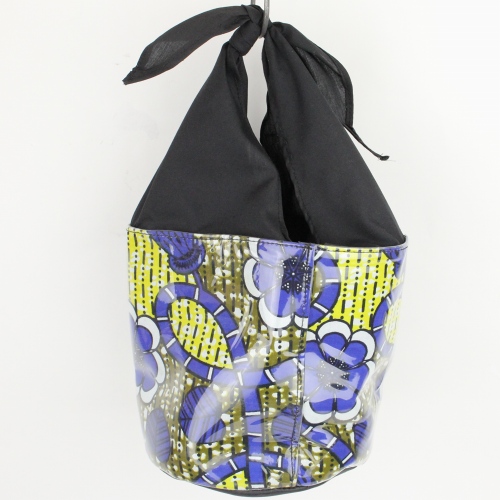 パーニュビニールカバー丸底筒巾着バッグ ハンドル黒巾着 柄アソート