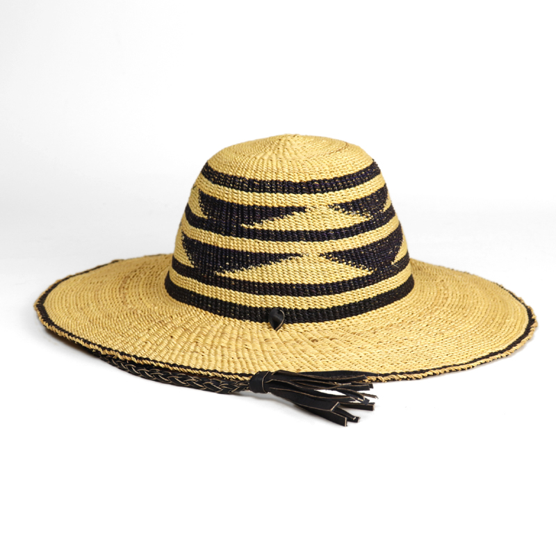 ボルガ帽子 三角柄 2段 ナチュラル黒 黒革紐付き　S