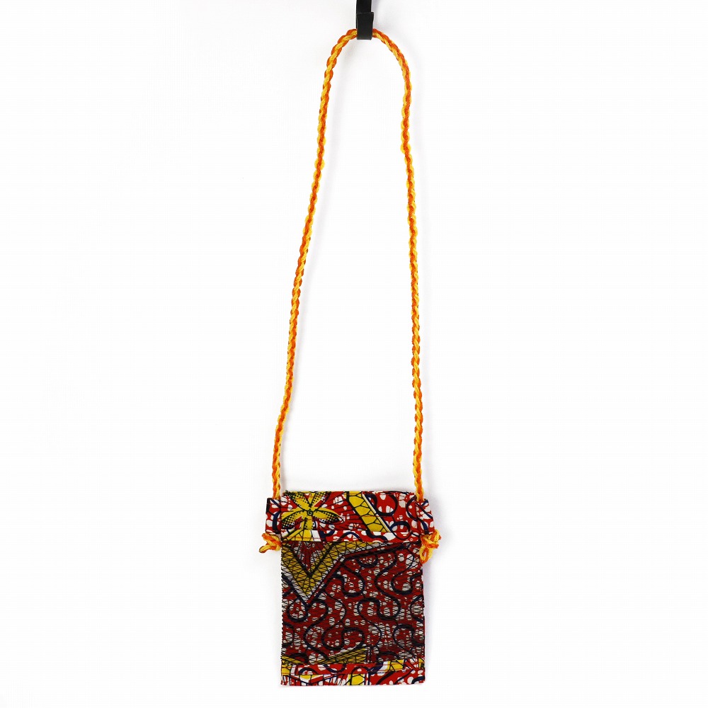 パーニュ携帯ショルダー メッシュポケット茶 ナイロン紐 黄xオレンジ