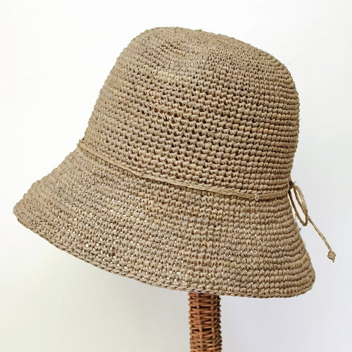 ラフィア細編み帽子 つば8 紅茶