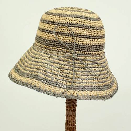 【SALE】ラフィア細編み帽子楕円 つば10 ボーダー ライトグレー @8300→6640