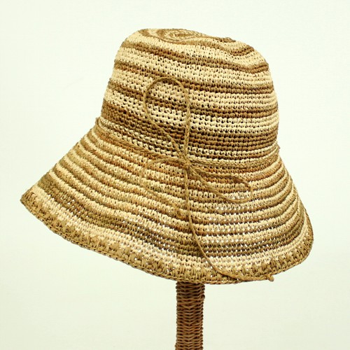 【SALE】ラフィア細編み帽子楕円 つば10 ボーダー シナモン @8300→6640