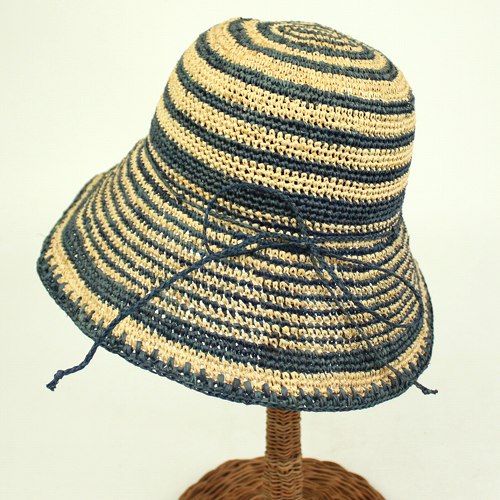 【SALE】ラフィア細編み帽子楕円 つば10 ボーダー インディゴ @8300→6640