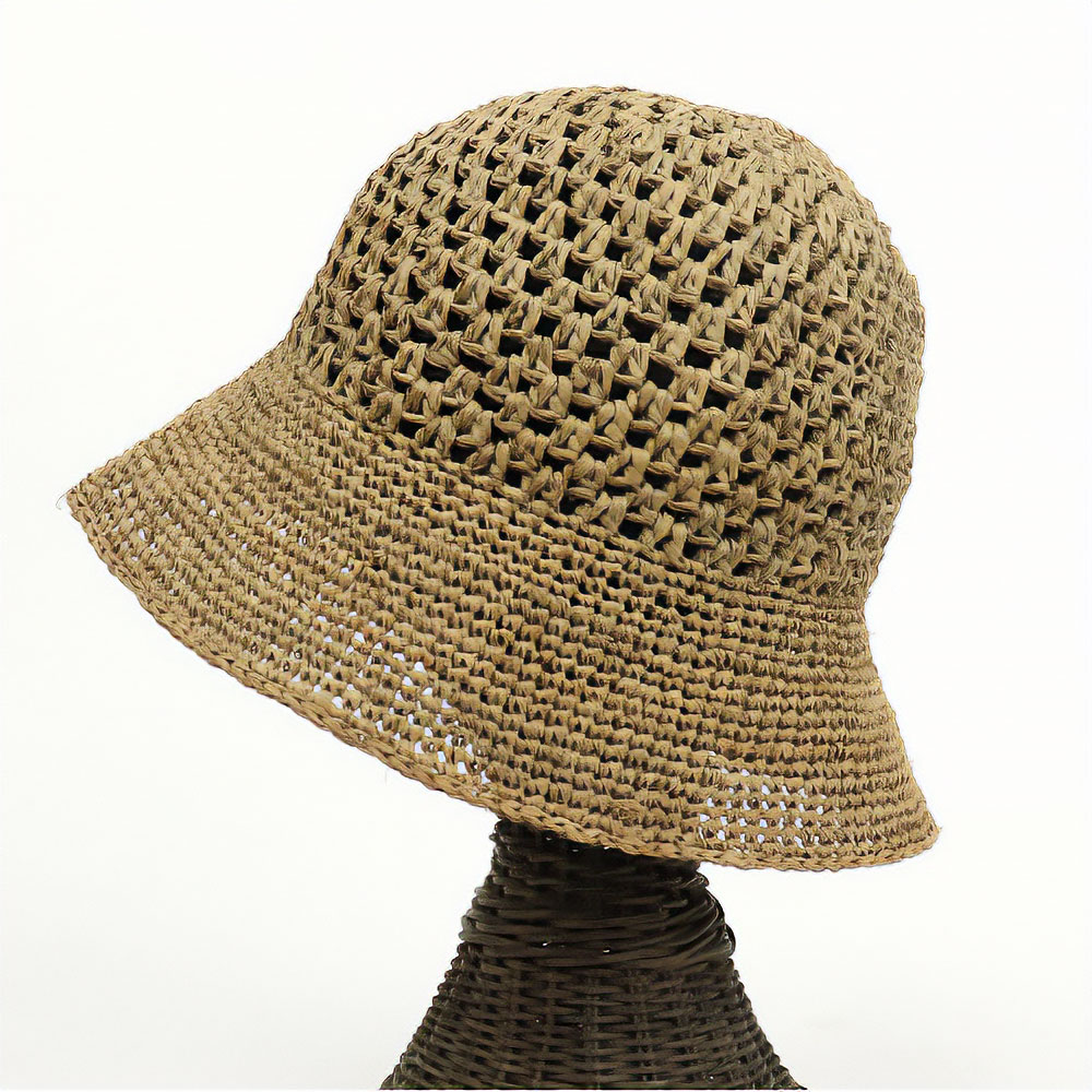 ラフィア編み帽子 つば細編み7 チェッカー 紅茶