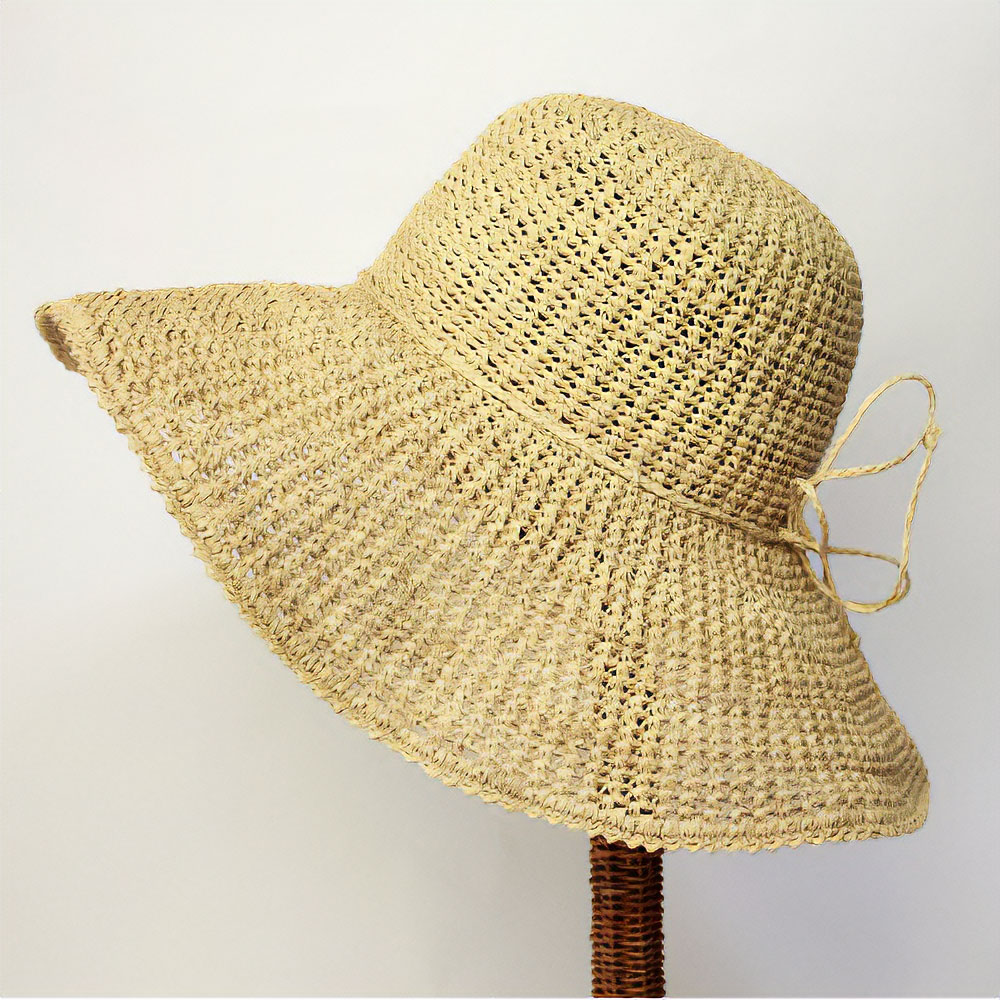 ラフィアクロッシェ帽子 アフガン編み風 つば12広12cm 01ナチュラル
