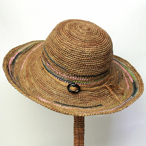 ラフィア細編み帽子 サバンナ つば12広12cm 23茶マルチボーダー