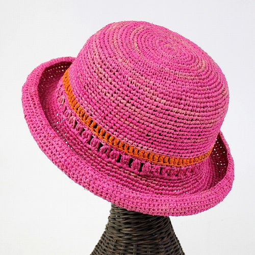【SALE】子供ラフィア細編み帽子 セーラーぐるり透ピンクxオレつば5 @5,000→4,000円