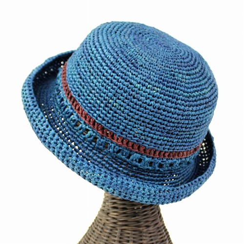 【SALE】ラフィア細編み帽子 セーラー ぐるり透かし  子供用  ネイビーx茶ラインつば5 @5000→4000