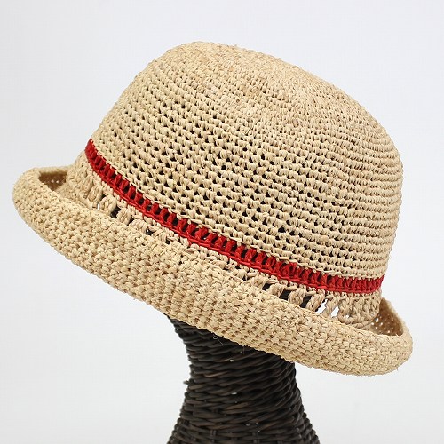 【SALE】ラフィア細編み帽子 セーラーぐるり透かし ナチュラル×赤 @6000→4800