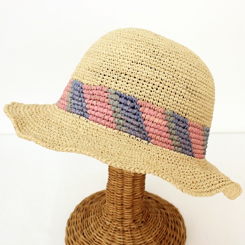 【SALE】ラフィアかぎ編み帽子つば6 楕円 斜めバンド ピンク系 @7500→6000