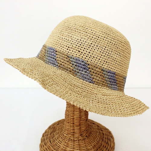 【SALE】ラフィアかぎ編み帽子つば6 楕円 斜めバンド 青系 @7500→6000