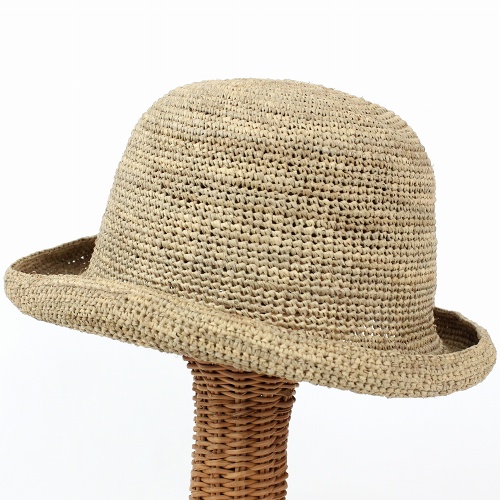 ラフィアかぎ編み帽子 縁ロール 男性用 紅茶