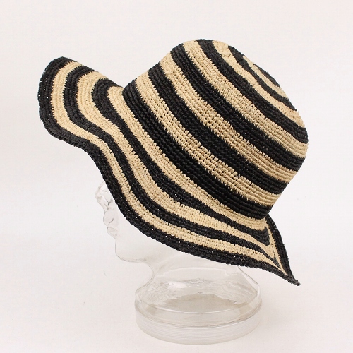 ラフィアかぎ編み帽子 ボーダー 調節すべり付