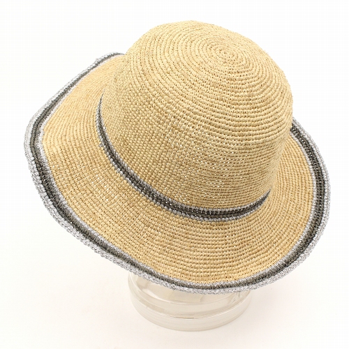 【SALE】ラフィアかぎ編み 丸帽子 銀リボン グレーつば7 @8300→6640