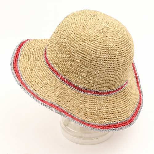 【SALE】ラフィアかぎ編み 丸帽子 銀リボン ピンクつば7 @8300→6640