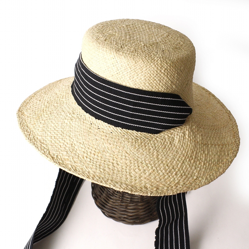 ラフィアトレッセ帽子 平クラウン 2穴 つば9 リボン付