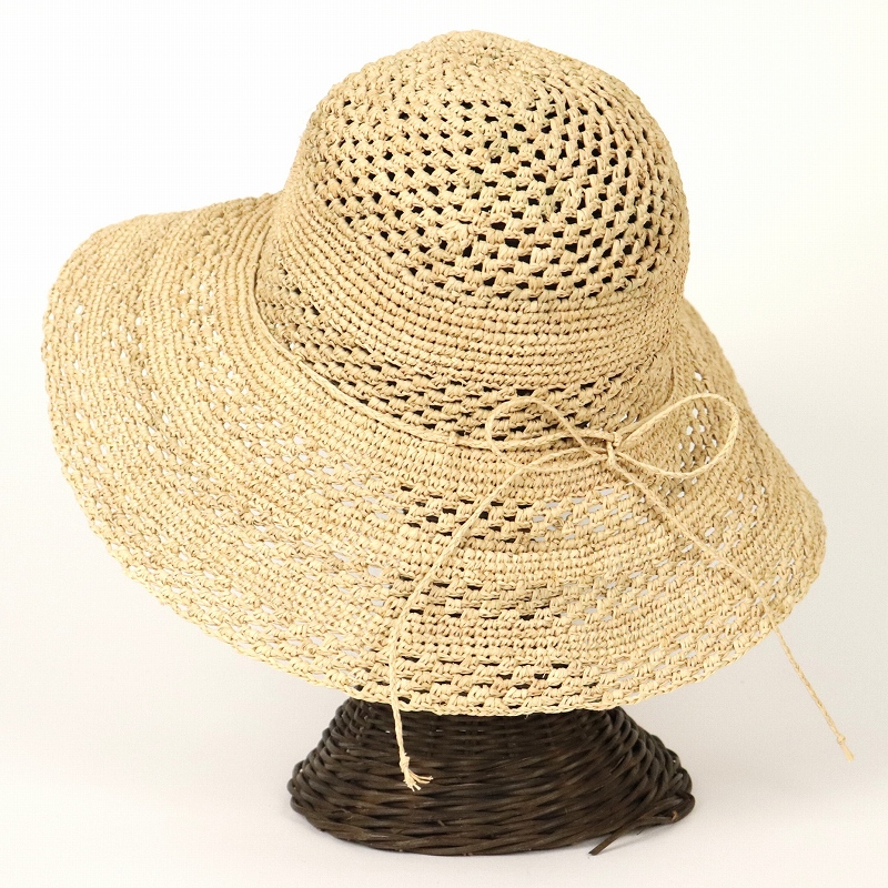ラフィアかぎ編み帽子 市松透かし つば11