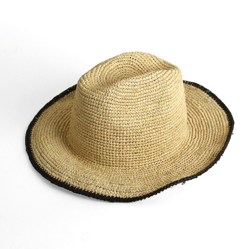 ラフィアかぎ編み帽子 中折れ 縁ライン 縁7 NAT黒