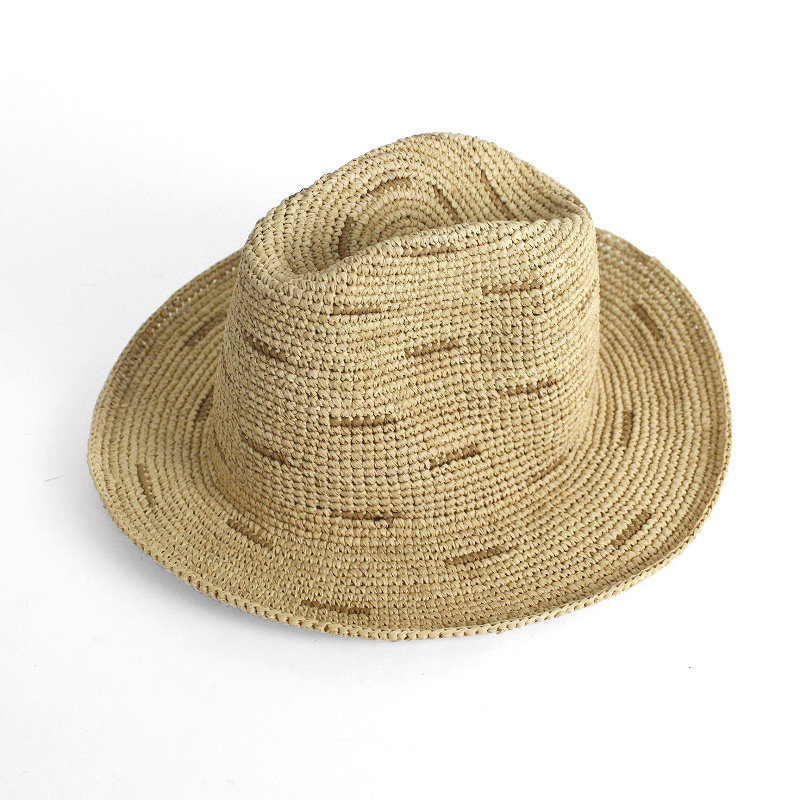 ラフィアかぎ編み帽子 中折れ 短線 縁7 NAT紅茶
