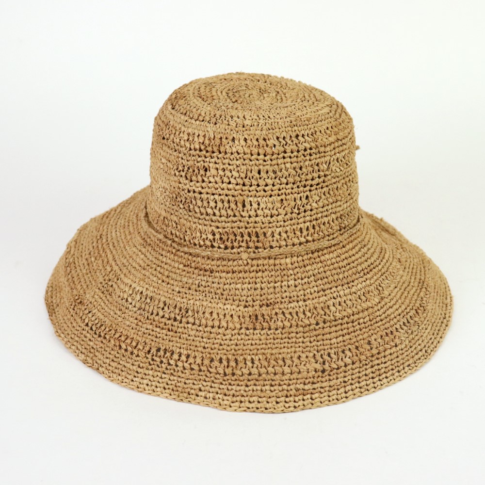 ラフィア帽子 丸 透かしボーダー つば12 紅茶
