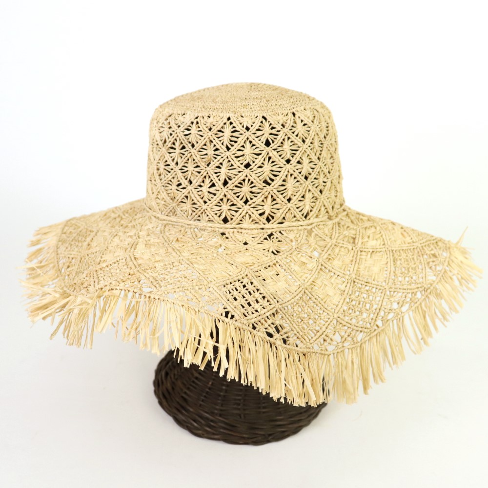 ラフィアマクラメ透かし帽子 つば10