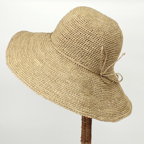 ラフィア細編み帽子 つば12ワイヤー 紅茶