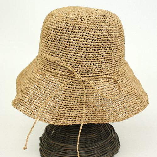 ラフィア細編み帽子楕円 つば9 紅茶