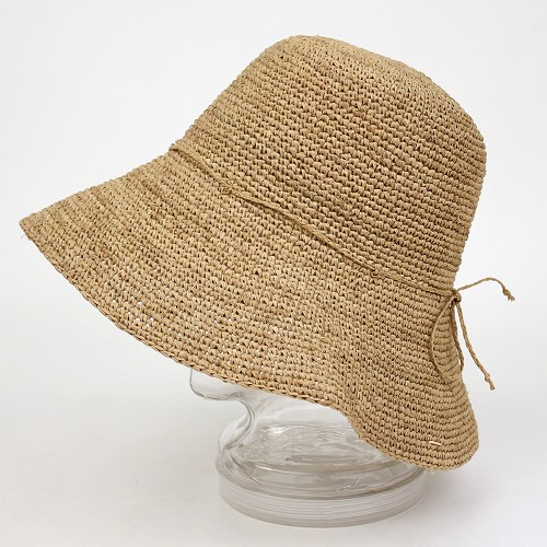 ラフィア細編み帽子 つば11 紙タグ付 紅茶　紐付