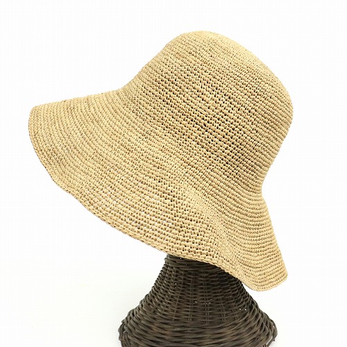 ラフィア細編み帽子 つば11 紙タグ付 紐無 紅茶