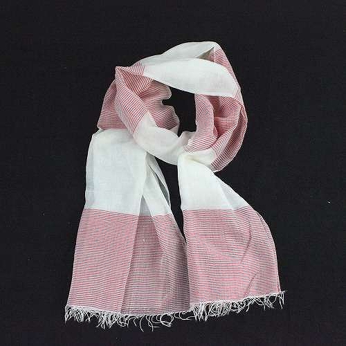 エチオピア手織ショール コットン薄手 レーヨンボーダー極細 赤