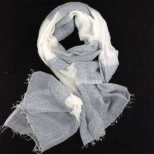 エチオピア手織ショール コットン薄手 レーヨンボーダー極細 青