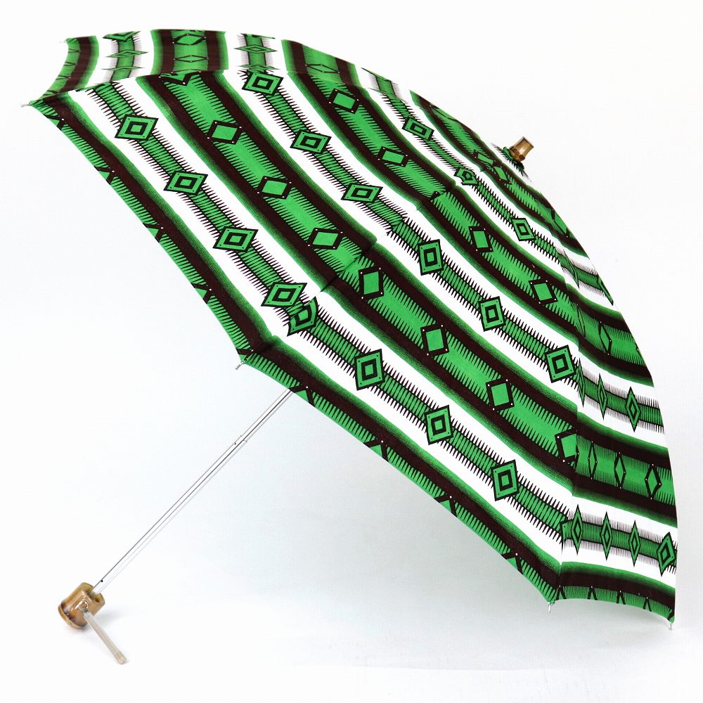 パーニュ傘折りたたみ 竹取手 緑柄ボーダー
