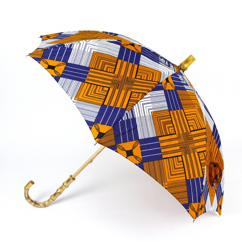 パーニュ長傘 竹取手 竹石突 青オレンジチェック